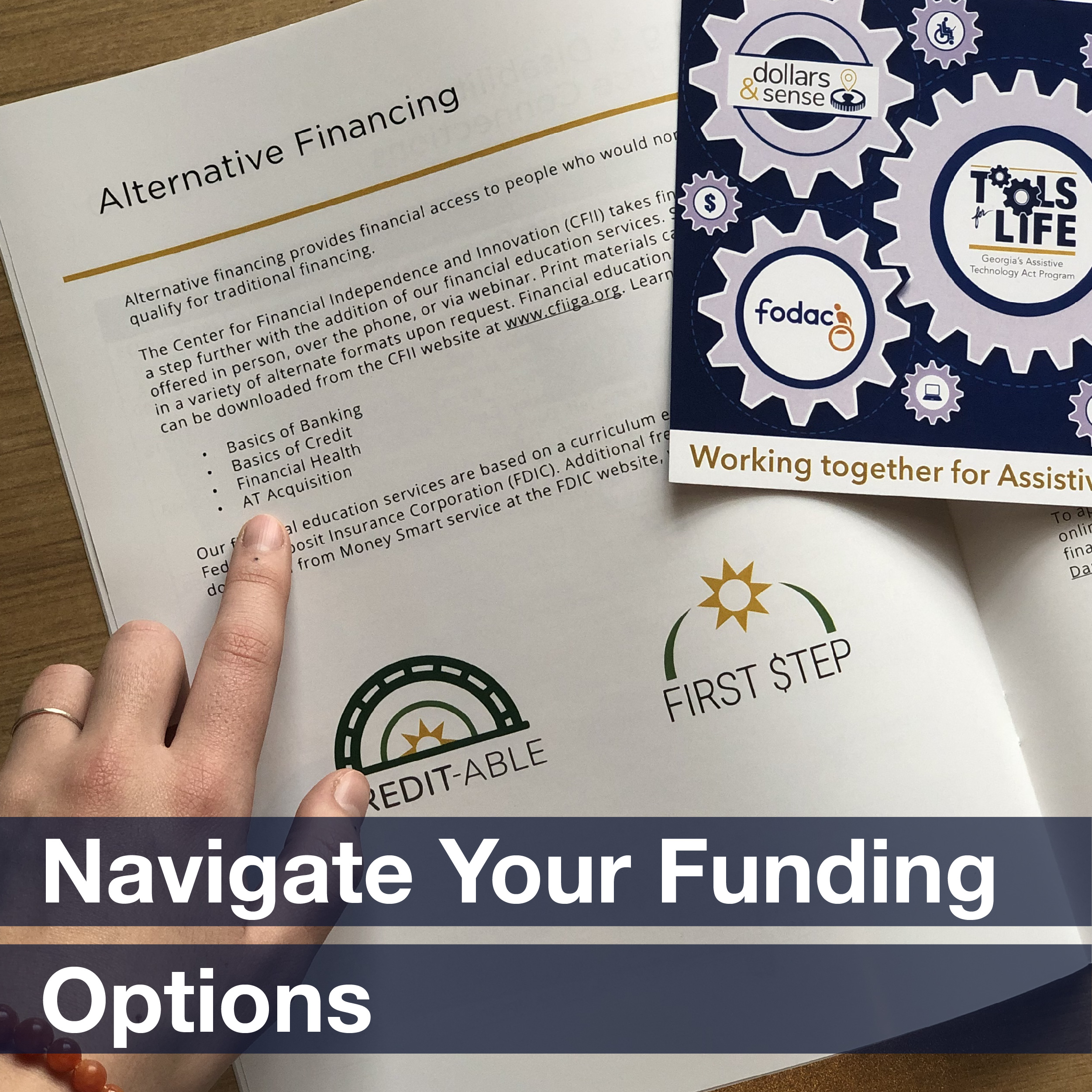 Hands flipping through reading materials, accompanied by the phrase “Navigate your funding options”